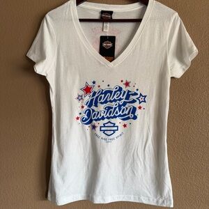 Harley-Davidson Women's White Tee with Blue and Red Graphics Size NWT